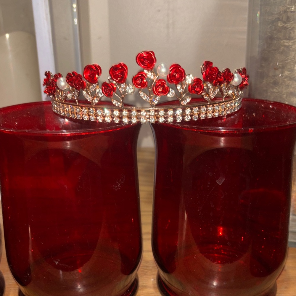 Red Rose Tiara with Pearls and Rhinestones